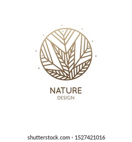 Tropical plant logo. Round emblem flower in a circle in linear style. Floral ornament. Organic design template. Vector abstract badge for design of flower shop, cosmetics, beauty, perfume, spa, yoga