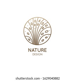 Tropical plant logo. Round emblem floral plant in linear style. Vector abstract badge flower for design of natural product, flower shop, cosmetics, floristic, ecology, health, medicine, healthy food