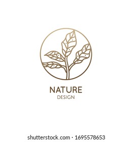 Tropical plant logo. Round emblem leafs in linear style. Icon of fresh green tea. Vector abstract badge for design of natural products, flower shop, cosmetics, ecology concepts, health, spa Center.