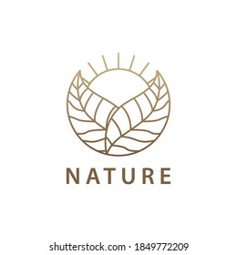 Tropical plant logo. Round emblem flower in a circle in linear style. Vector abstract badge for design of natural products, flower shop, cosmetics, ecology concepts, health, spa, yoga Center.