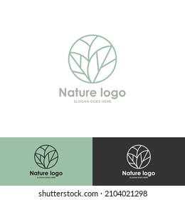 Tropical plant logo. Round emblem flower in a circle n linear style. Vector abstract badge for design of natural products, flower shop, cosmetics, ecology concepts, health, spa, yoga Center.