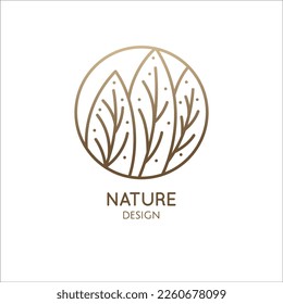Tropical plant logo. Round emblem leafs in linear style. Icon of fresh green tea. Vector abstract badge for design of natural products, flower shop, cosmetics, ecology concepts, health, spa Center.
