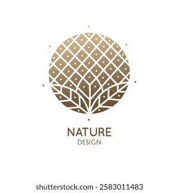 Tropical plant logo. Round emblem flower a circle in linear style. Vector abstract badge for design of natural product