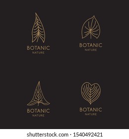 Tropical plant logo set, with a leaf symbol in a linear style. Vector abstract badge for design of natural products, flower shop, cosmetics, ecology concepts, health, spa, yoga Center.