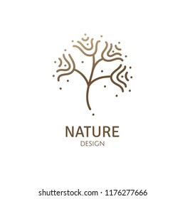 Tropical plant logo template. Vector emblem floral tree with buttons. Abstract minimal badge for design of natural products, flower shop, cosmetics and ecology concepts, health, spa and yoga Center.