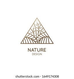 Tropical plant logo. Triangular emblem flower in linear style. Vector abstract badge for design of natural products, flower shop, cosmetics, ecology concepts, health, spa, yoga Center.