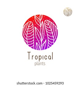 Tropical plant logo. Vector emblem floral element on isolated background. Abstract round badge for design of natural products, flower shop, cosmetics and ecology concepts, health, spa and yoga Center.