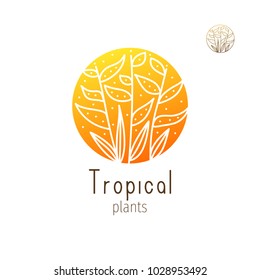 Tropical plant logo. Vector emblem floral element on isolated background. Abstract round badge for design of natural products, flower shop, cosmetics and ecology concepts, health, spa and yoga Center.