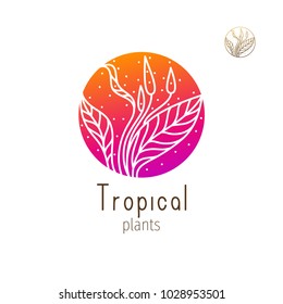Tropical plant logo. Vector emblem floral element on isolated background. Abstract round badge for design of natural products, flower shop, cosmetics and ecology concepts, health, spa and yoga Center.