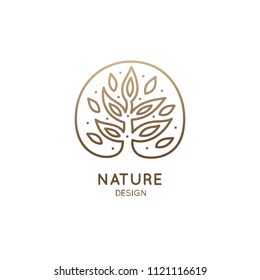 Tropical plant logo. Vector emblem floral tree on isolated background. Abstract round badge for design of natural products, flower shop, cosmetics and ecology concepts, health, spa and yoga Center.