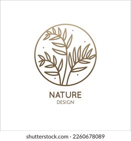 Tropical plant logo. Vector emblem floral leafs, bamboo tree. Abstract round badge for design of natural products, flower shop, cosmetics and ecology concepts, eco food. health, spa and yoga Center.