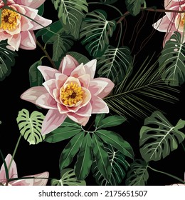 Tropical plant with lotus, water lily with leaves. Water lily flowers and exotic plant. Aquatic plants, Japanese and Chinese illustration.