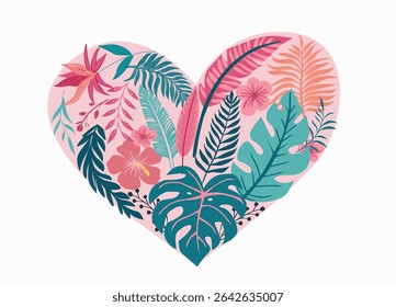 The tropical plant monstera, palm leaves, hibiscus, bird of paradise. The illustration, with variety of stylized flowers and foliage, in form the heart shape. poster is celebratory design.