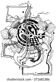 Tropical plant, orchid. Outline drawing with an orchid. Can be used as a standalone illustration, design element, for coloring books for children and adults, postcards, packaging.