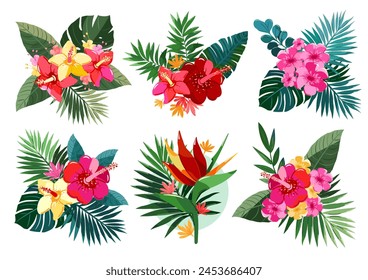 Tropical plant pattern. Set of exotic flower bouquets