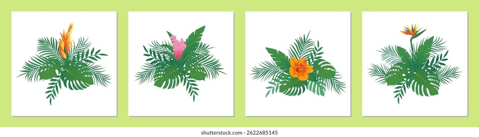Tropical plant pattern. Set of exotic flower bouquets