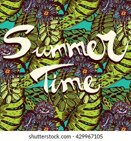 Tropical Plant Pattern with Text "Summer Time"