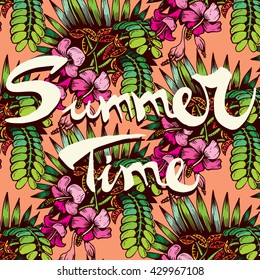 Tropical Plant Pattern with Text "Summer Time"