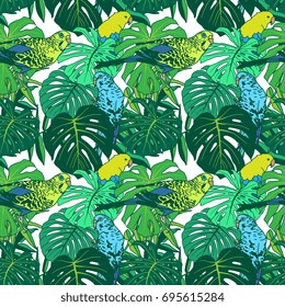 Tropical plant seamless pattern with birds