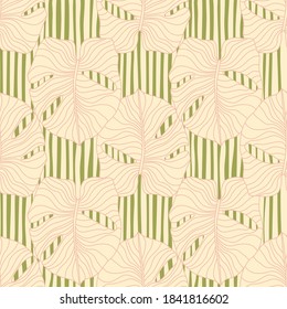 Tropical plant seamless pattern with doodle monstera tree leafs. Pink exotic ornament on green striped background. Backdrop for fabric design, textile print, wrapping, cover. Vector illustration.