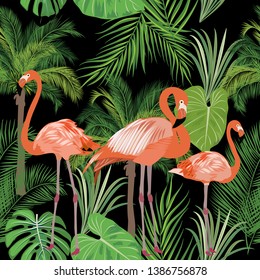 Tropical plant seamless pattern, geen junles leaves of palm tree and flamingo. Vector background.