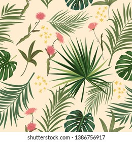 Tropical plant seamless pattern, geen junles leaves of palm tree and flowers. Vector background.