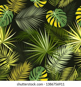 Tropical plant seamless pattern, green jungles leaves of palm tree and flowers. Vector background.