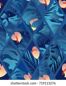 Tropical plant seamless pattern, Heliconia, palm, Anthurium and split leaf Philodendron in blue tone inside rectangle shape