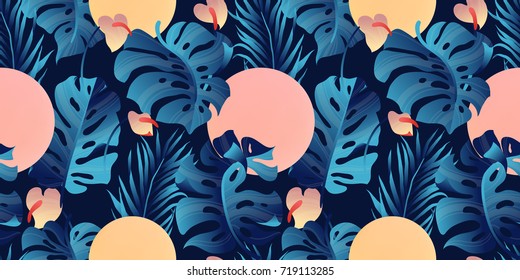 Tropical plant seamless pattern, Heliconia, palm, Anthurium and split leaf Philodendron in blue tone