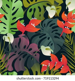 Tropical plant seamless pattern, Heliconia, palm, Anthurium and split leaf Philodendron on dark back