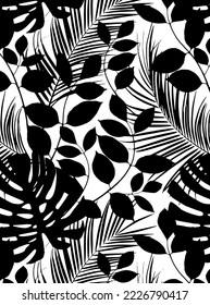 tropical plant seamless pattern illustration.
Exotic palm leaves silhouettes illustration. Beautiful  Black and white seamless pattern background.