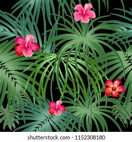 Tropical plant seamless pattern, tropical leaves of palm tree and flowers. Vector background.