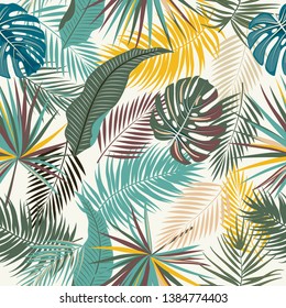 Tropical plant seamless pattern, tropical leaves of palm tree and flowers. Vector background.