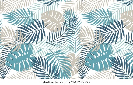 Tropical plant seamless pattern, tropical leaves of palm tree and flowers. Vector background.