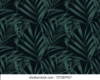 Tropical plant seamless pattern, palm leaves on black background