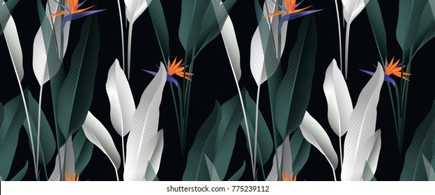 Tropical plant seamless pattern, palm leaves and Bird of paradise flowers on black background