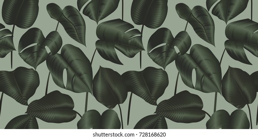 Tropical plant seamless pattern, Philodendron silk leaves