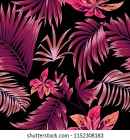 Tropical plant seamless pattern, pink tropical leaves of palm tree. Vector background.