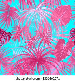 Tropical plant seamless pattern, pink junles leaves of palm tree. Vector background.