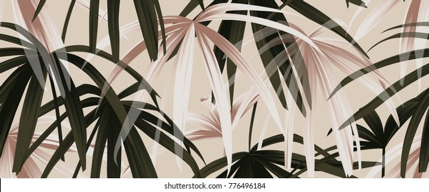 Tropical Plant Seamless Pattern, Rose Gold And Green Palm Leaves On Light Pink Background