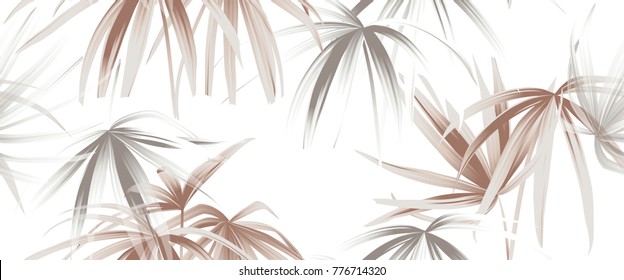 Tropical plant seamless pattern, rose gold and white palm leaves on white background