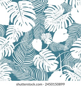 Patrón sin costuras de planta tropical. Estampado gráfico de Vector con exótica flora de selva tropical. Impresión de moda sin fisuras azul textura blanca.