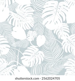 Tropical plant seamless pattern. Vector graphic print with exotic rainforest flora. Fashion print seamless grey white texture.