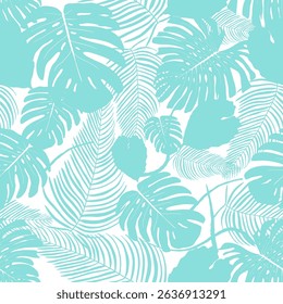 Tropical plant seamless pattern. Vector graphic print with exotic rainforest flora. Fashion print seamless turquoise white texture.