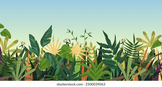 Tropical plant thickets vector background. Tropic greenery leaves and flowers backdrop. Sign with exotic lush garden foliage. Jungle flora grow. Poster with rainforest wild branch. Nature and floral