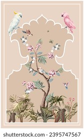 Tropical Plant with traditional mughal Arch, Mughal Forest Design for wall, Tropical plant watercolor.