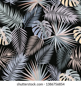 Tropical plant vector seamless pattern. Botany design, jungle leaves of palm tree and flowers.