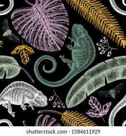 Tropical plants and animals seamless pattern. Vector background with hand drawn chameleon, monstera, banana palm, date palm leaves and flowers. Exotic wildlife backdrop. Vintage botanical illustration