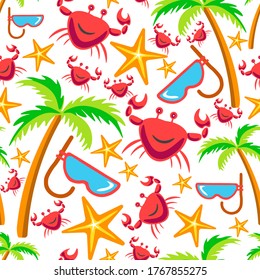 Tropical plants and aquatic creatures seamless pattern on white. Smiling crab and starfish, palm tree with foliage and scuba diving equipment. Snorkelling hobby mask with tube, vector in flat style