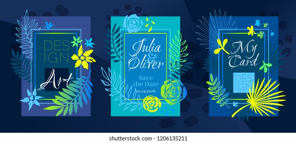 Tropical plants art frames. Modern card design, palm leaves, roses, flowers, premium brochure, flyer, invitation template. Business identity elegant style. Hand drawn vector